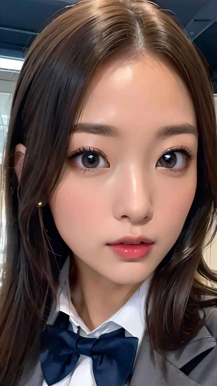 (hig彼st quality、8k、32K、masterpiece)、(Realistic)、(Realistic:1.2)、(High resolution)、Very detailed、Very beautiful face and eyes、1 girl、Delicate body、(hig彼st quality、Attention to detail、Rich skin detail)、(hig彼st quality、8k、Oil paints:1.2)、Very detailed、(Realistic、Realistic:1.37)、Bright colors、Full Body Shot, ((high school girl:1.6, Navy Blazer:1.6, Navy pleated mini skirt)), (Closed blazer, Grey bow tie, White collared shirt, Black thigh-high socks)