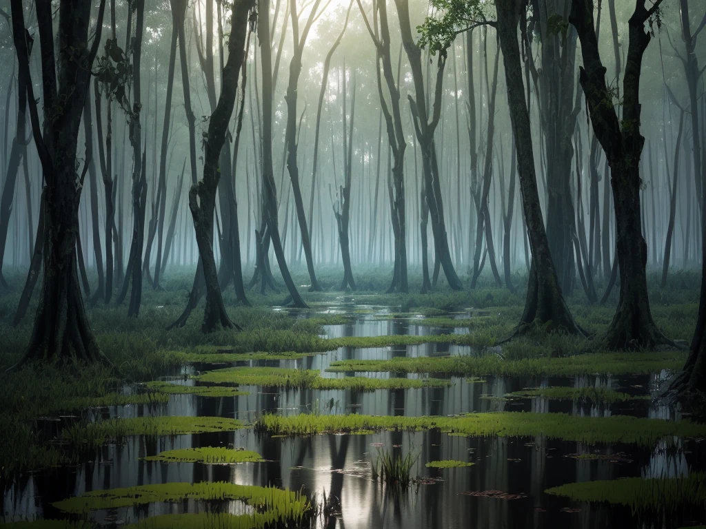 there is a swamp with a lot of trees and water, flooded swamp, overgrown swamp, swamp forest, swamp land, swamp, realistic wood swamp, dangerous swamp, stagnant water, dark swamp, in a swamp, swamp landscape, radioactive swamp, swampy atmosphere, dark green water, green water, harmony of swamp, on a dark swampy bsttlefield