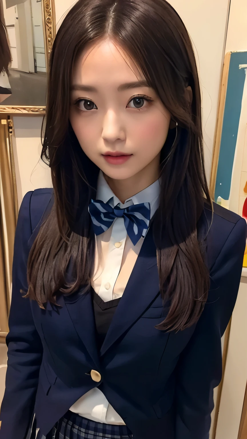 (hig彼st quality、8k、32K、masterpiece)、(Realistic)、(Realistic:1.2)、(High resolution)、Very detailed、Very beautiful face and eyes、1 girl、Delicate body、(hig彼st quality、Attention to detail、Rich skin detail)、(hig彼st quality、8k、Oil paints:1.2)、Very detailed、(Realistic、Realistic:1.37)、Bright colors、Full Body Shot, ((high school girl:1.6, Navy Blazer:1.6, Navy pleated mini skirt)), (Closed blazer, Grey bow tie, White collared shirt, Black thigh-high socks)