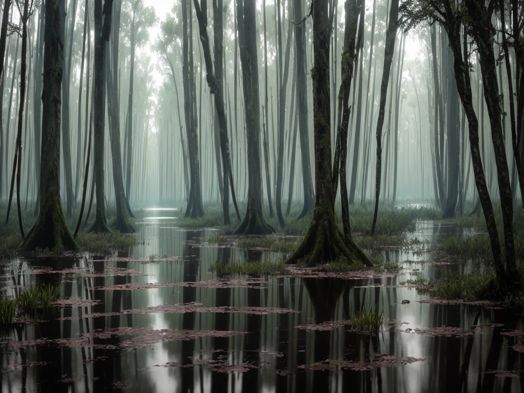 there is a swamp with a lot of trees and water, a stock photo by Carl Rahl, flickr, environmental art, flooded swamp, overgrown swamp, swamp forest, swamp land, swamp, realistic wood swamp, dangerous swamp, stagnant water, dark swamp, in a swamp, swamp landscape, radioactive swamp, swampy atmosphere, dark green water, harmony of swamp