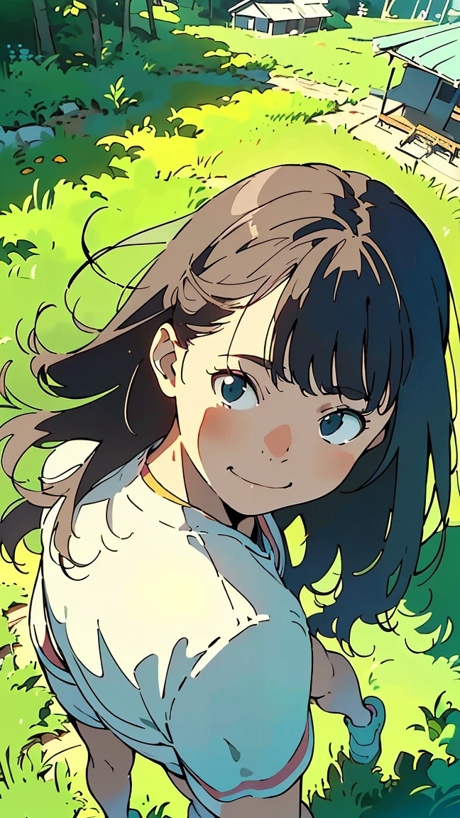 Affordable design, Clear lines, High Sharpness, (Highest quality,4K,Perfect sharpness,Ultra-fine,High resolution,masterpiece:1.2), Perfect Anatomy:1.5, Official Art, Illustrations that tell a story, (Whitish background:0. 9)、Body Positivity、Diverse physical expressions、(Random and strange poses))、Perfect beauty、Perfect beautiful face、(Very strong winds)、Rich expressiveness、Dynamic configuration、Golden ratio composition、colorful、((color々Different angles and perspectives))、Anime Drawings、((Overcoming stereotypes))、 Glowing Skin、(Natural Beauty)、bangs、Straight Long Hair、(Soft and flowing hair)、(countryside)、Outdoor、((Nostalgic atmosphere))、((Playful and easygoing))、(diverse characters)、((Graceful posture))、(Sunny atmosphere)、(vivid color)、Shorts、Brown Hair、A light smile、 ((Emotional))、bangs、Natural reaction、Summer clothing、(ponytail)、(6Life-size)、countryside、((fetishism))、One Girl、((Top view))、Angle from behind、