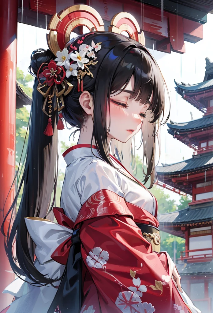(profile beautiful style), (solo:2, 15 yo), (beautiful detailed blunt bangs:1.3) (beautiful detailed black hair, very long hair) (immensely shrine maiden girl, sexy closed eyes, glossy lip, looking sky, best Looks lonely face), in a detailed shrine maiden clothes with double exposure grow, break, in the Fukuoka Dazaifu Tenmangu Shrine, Large fountain with double exposure rain, BREAK, perfect anatomy, masterpiece, best quality, 16k, beautiful detailed love, daydreaming expression.