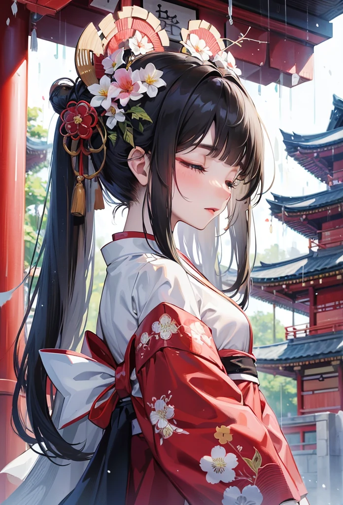 (profile beautiful style), (solo:2, 15 yo), (beautiful detailed blunt bangs:1.3) (beautiful detailed black hair, very long hair) (immensely shrine maiden girl, sexy closed eyes, glossy lip, looking sky, best Looks lonely face), in a detailed shrine maiden clothes with double exposure grow, break, in the Fukuoka Dazaifu Tenmangu Shrine, Large fountain with double exposure rain, BREAK, perfect anatomy, masterpiece, best quality, 16k, beautiful detailed love, daydreaming expression.