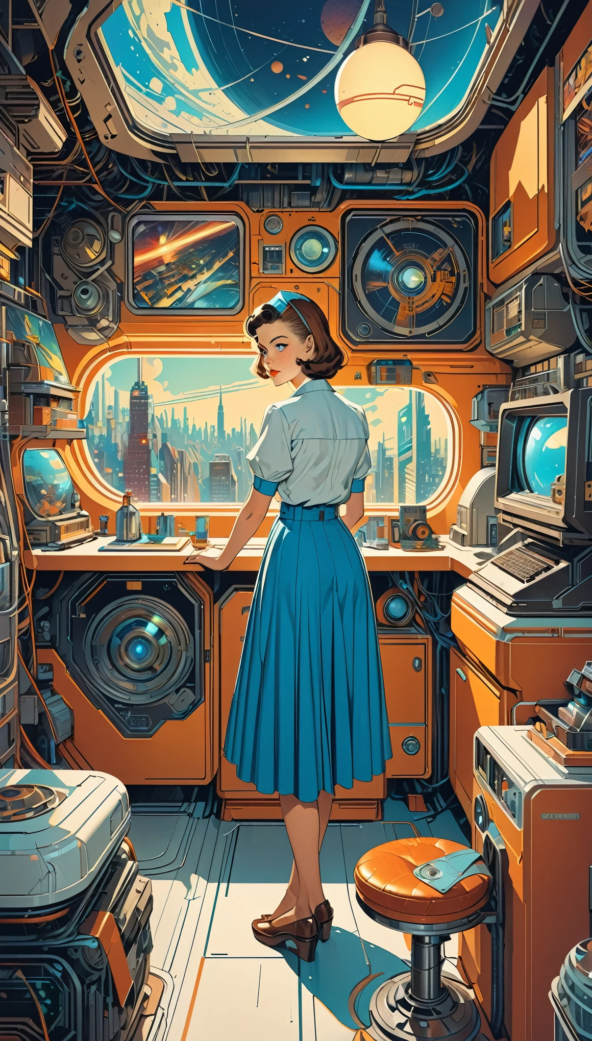 (masterpiece:1.2,Highest quality,Highest quality,High resolution,Super detailed),8k,wallpaper,A cyberpunk worldview depicted in the style of Norman Rockwell,Retro-future,Vintage,Graphic Illustration,Detailed 2D illustrations,Flat Illustration, Digital Illustration,Digital Art