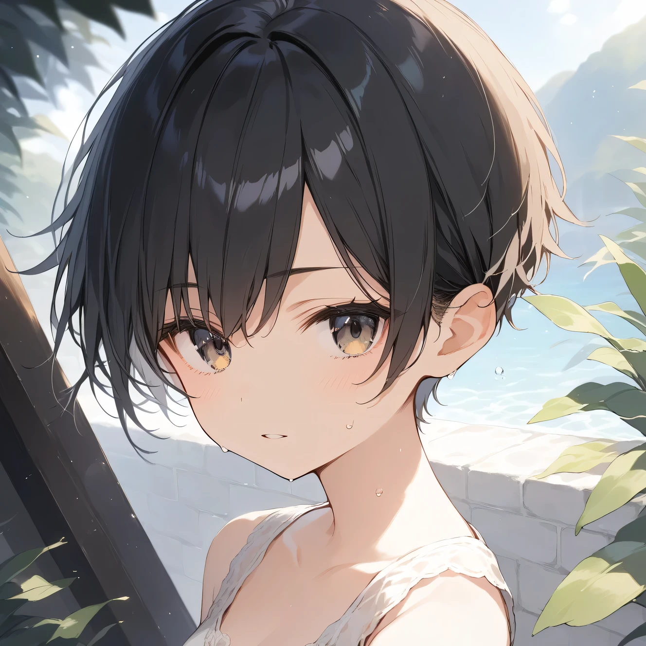 score_9, score_8_up, score_7_up, source_anime, best quality, masterpiece, official art, absurdres, highres, ultra-detailed,waifu2x,Collection: Slice of Life,break,1girl, tomboy, very short hair, pixie cut, breasts, groin, hanme, beautiful detailed eyes, expressionless, sweat, parted lips, sleepily, outdoors, summer, break,(clear line illustration:1.2), super detailed skin,very high resolution, very aesthetic, Best sexual lighting powered by famous artist, 8k,cute picture,beauty illustration,photoshop_(medium),,(Detailed Lighting),best anime 8k konachan wallpaper, pixiv contest winner,