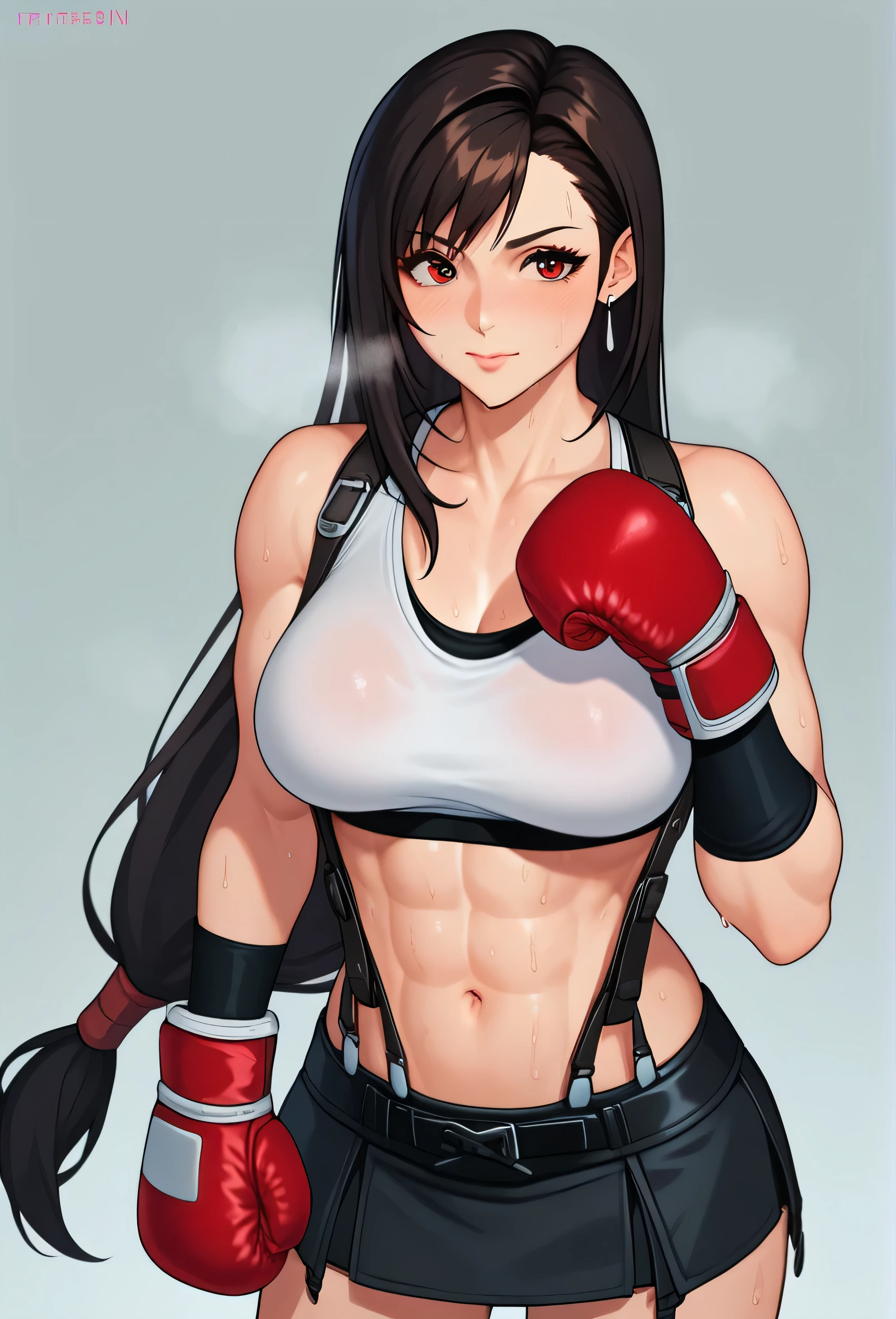 ff7r style, tifa lockhart, 1girl, sports bra, boxing gloves, sweating