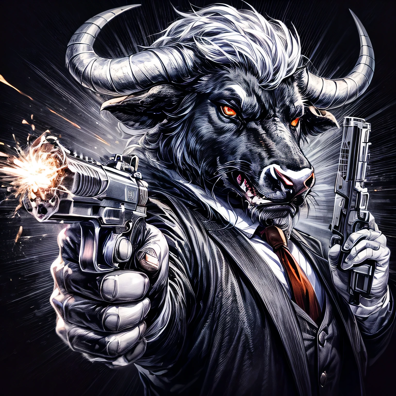 {worst quality, low quality}, close-up, A dynamic illustration of a mafia black bull with a white mane on his head firing two pistols, the bull's eyes are red, and realistic illustration, muste piece, best quality, Super detailed, masterpiece,