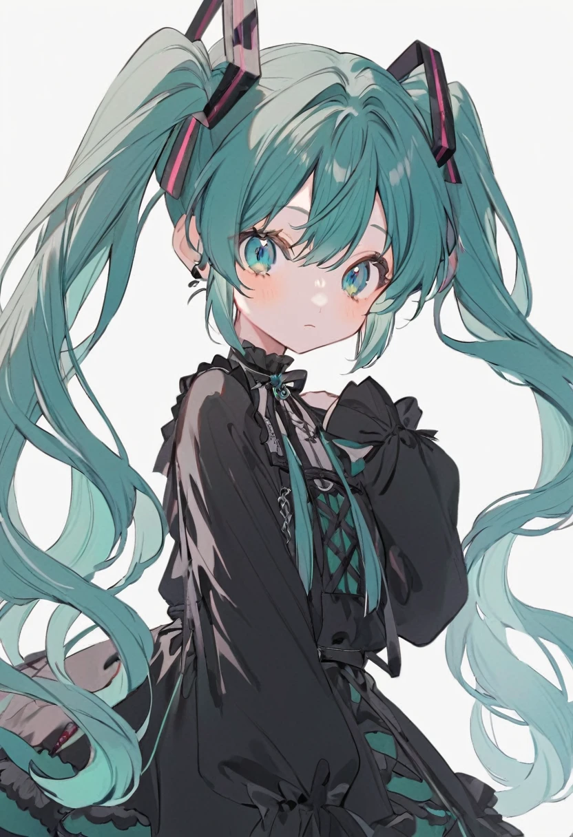  Hatsune Miku, cute, Blue-green hair, Twin tails, Blue-green eyes, Gothic Lolita, White Background