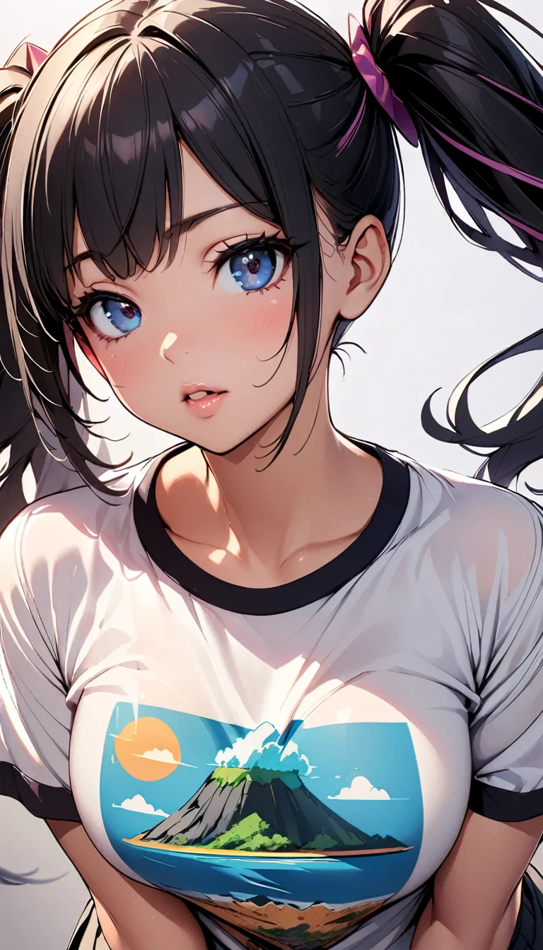 (1 girl), JK, (Printed T-shirt, ((A shirt printed with an illustration of a mysterious island:1.4))), (Black hair twin tails), Dynamic Angle, Friendly atmosphere, Beautiful Hair, Shiny Hair, Beautiful Skin, Detailed face and eyes, Glossy Lips, put your hands behind your back., Chest puffing pose, Front view, Plain background, Background Blur. (Highest quality:1.2, Very detailed, Beautiful illustrations, Attention to detail, masterpiece:1.2, Best aesthetics),