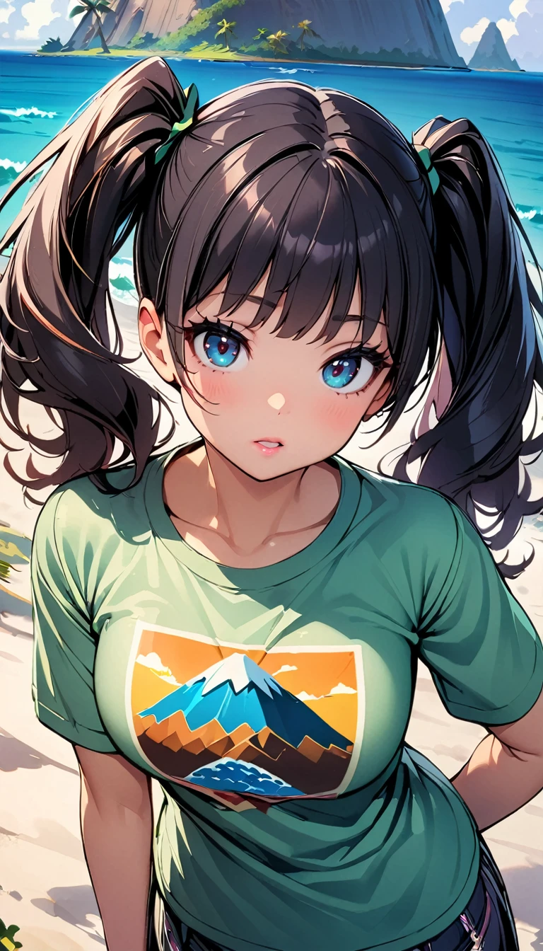 (1 girl), JK, (Printed T-shirt, ((A shirt printed with an illustration of a mysterious island:1.4))), (Black hair twin tails), Dynamic Angle, Friendly atmosphere, Beautiful Hair, Shiny Hair, Beautiful Skin, Detailed face and eyes, Glossy Lips, put your hands behind your back., Chest puffing pose, Front view, Plain background, Background Blur. (Highest quality:1.2, Very detailed, Beautiful illustrations, Attention to detail, masterpiece:1.2, Best aesthetics),