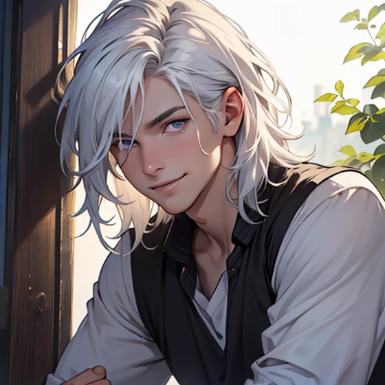 (realistic:1.37,best quality,4k,8k,highres,masterpiece:1.2),ultra-detailed,jovem,masculine Caucasian,deep purple eyes,gentle smile,simple clothing,school atmosphere,medium hair,white hair,slight smile.