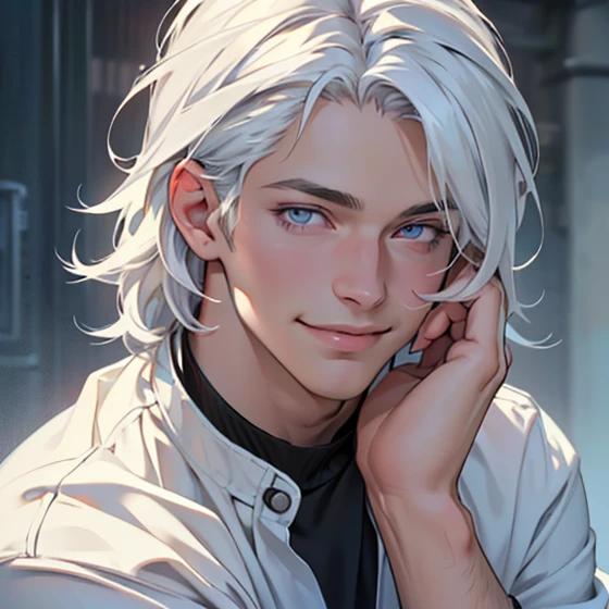 (realistic:1.37,best quality,4k,8k,highres,masterpiece:1.2),ultra-detailed,jovem,masculine Caucasian,deep purple eyes,gentle smile,simple clothing,school atmosphere,medium hair,white hair,slight smile.