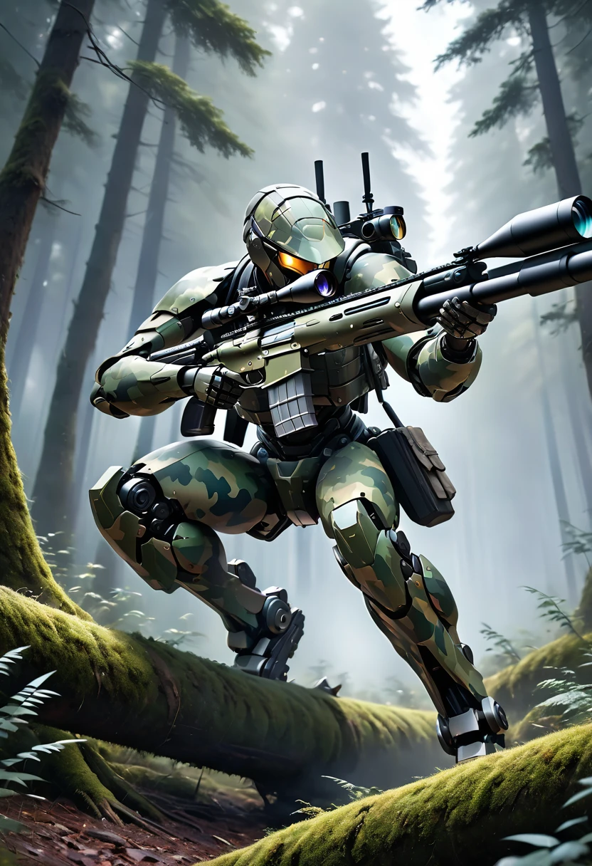Ultra-high resolution Real photographic,A stylish ground combat robot sniping in the thickets of a forest.The robot is stylish, about human height, and completely self-supporting.Wearing forest camouflage that blends in with the forest,The head is round and stylish with goggle-type eyes.The slender body is equipped with numerous pieces of reactive armor.Holographic optical camouflage blends in with the forest.(He is holding a long-barreled sniper rifle and aiming through the scope:1.5).Beautiful expression of optical camouflage with holographic effect,Realistic depiction of forests,Expressing the tension during a snipe,Fog rolls in the forest,Side shot,Ultra-realistic photography,Super high resolution, super high quality,(Masterpiece Best Quality4k, 8k, :1.2)Ultra detail,Ultra-fine painting,Physically Based Rendering,Professional photography,Photos taken with a high quality camera,