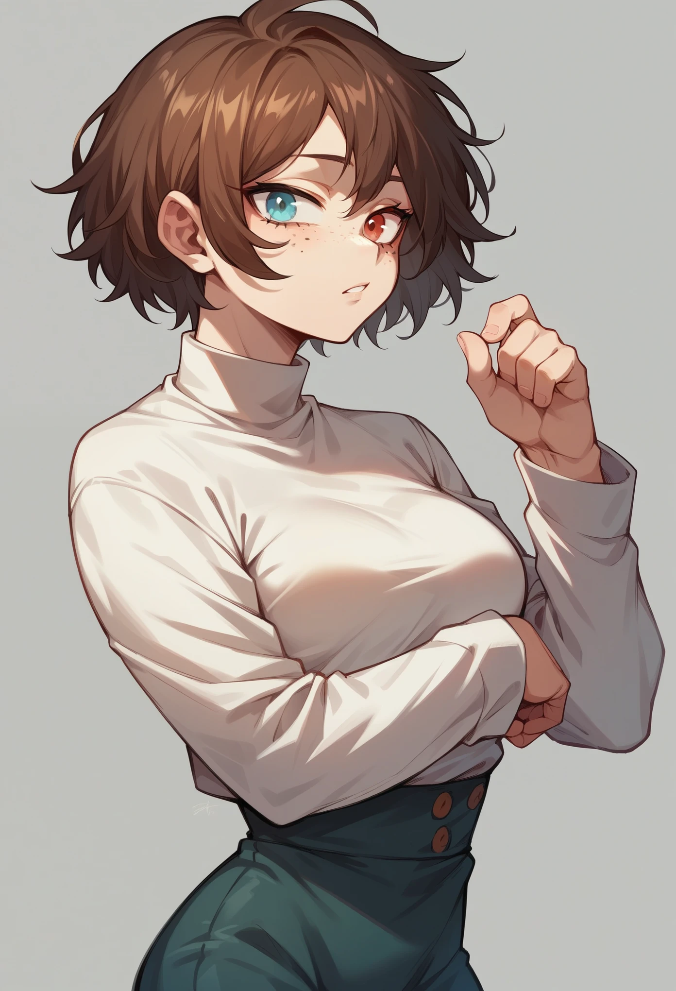 Make me a character from My Hero Academia who is a girl with white skin who has heterochromia,freckles and have short brown Chinese hair