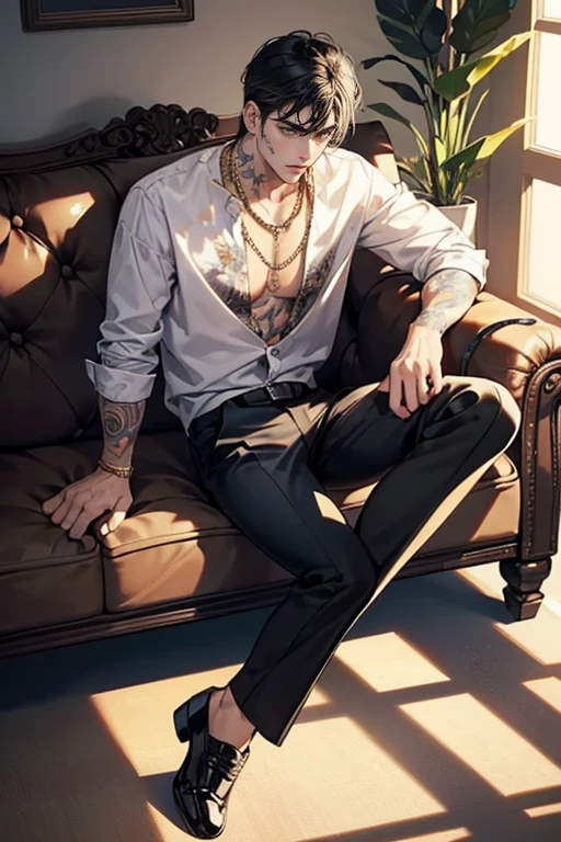 1 , a man with tattoos sitting on a couch, handsome, handsome male, Perfect male body, black hair, leather shoes, serious expression, Sanpaku, highest quality, ray tracing, dramatic shadows, gold chain,floral shirt, 