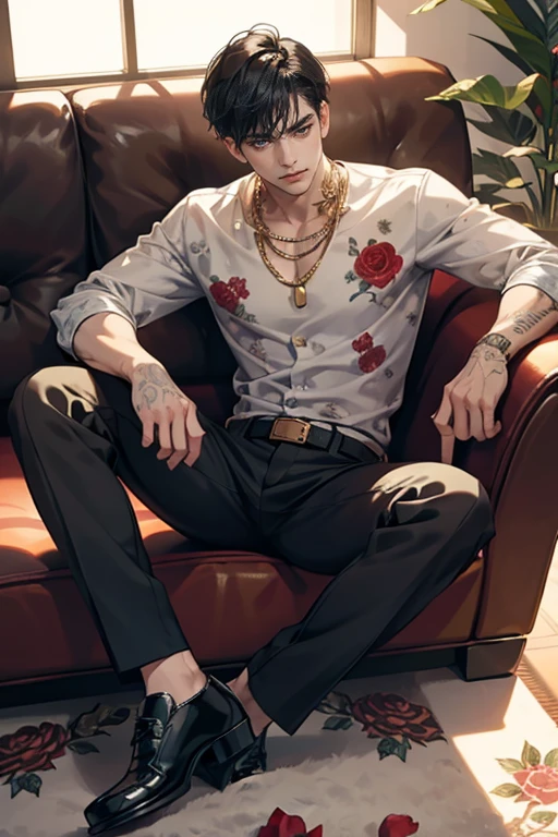 1 , a man with tattoos sitting on a couch, handsome, handsome male, Perfect male body, black hair, leather shoes, serious expression, Sanpaku, highest quality, ray tracing, dramatic shadows, gold chain,floral shirt, 