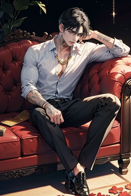 1 , a man with tattoos sitting on a couch, handsome, handsome male, Perfect male body, black hair, leather shoes, serious expression, Sanpaku, highest quality, ray tracing, dramatic shadows, gold chain,floral shirt,