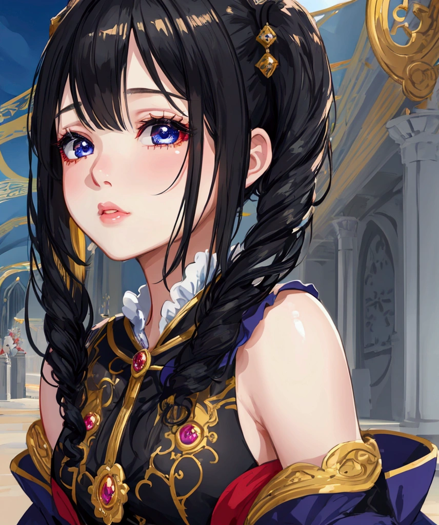 beautiful detailed girl, cute girl, 1girl, beautiful detailed eyes, beautiful detailed lips, twintails, black hair, palace background