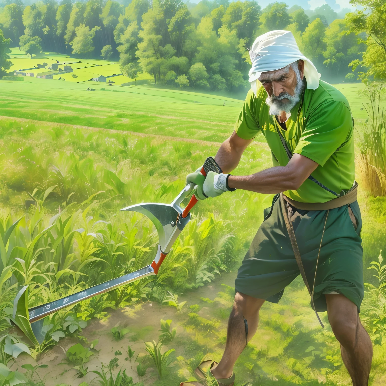 there is a man that is cutting grass with a lawn mower, man with scythe, working out in the field, wielding scythe, holding a scythe, wielding a crowbar, redneck, old man doing hard work, wielding, huge scythe, single bangla farmer fighting, using a spade, gardening, playful peasant man, mowing of the hay
