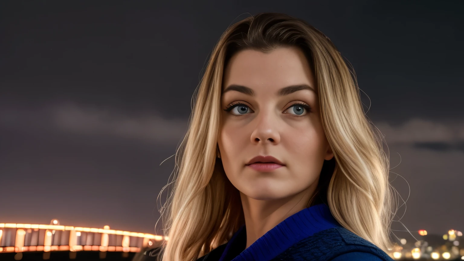 laura palmer, twin peaks, masterpiece:1.2 - (best quality) (detailed) (intricate) (8k) (HDR) (wallpaper) (cinematic lighting) (sharp focus),1girl, city, real_world_location, happy, 20 years old girl, break, upper body, closeup, break, cloudy night, electric storm, lightning in the sky, break blue