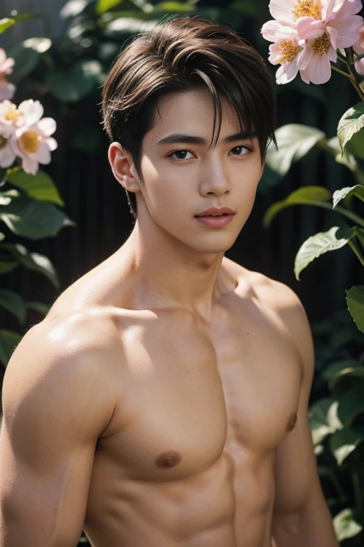 Masterpiece, best quality, realistic、charming man、Portrait of a handsome young man、1 person, blue eyes、Beautifully detailed eyes、sparkling eyes、flawless face、perfect eyes,perfect lips、Beautiful, flawless skin、Beautiful nose、Beautiful mouth、short haircut, Soft, shaky blonde hair., brown, short hair , flower in hand , in the flower greenhouse, portrait photography、Professional artwork、фотоrealistic、luxurious face、Flawless anatomy、shirtless. naked body,Wear white triangle panties.,Ideal male body、model ! Ultra realistic painting、The beauty of a wonderful man !full body shot