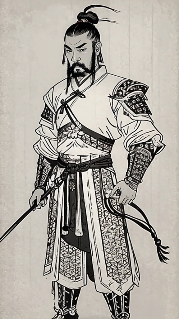 (((Monochrome)))、(((Ink Painting)))、(((Ancient Chinese man with topknot)))、(((Hands on hips)))、Line art、Oriental、Ultra-high resolution、Game Poster、Crisp and beautiful image quality、whole body ,(Ancient Chinese armor, Dragon head on shoulder, (Ancient Chinese armor with intricate pattern:1.2), gloves, Long trousers, (Very detailed, bloom:1.5), (Highest quality, Concept Art, 4K), (analog:1.2), (high sharpness), (Detailed pupil:1.1), Detailed face and eyes, masterpiece, Highest quality,8k,  (Black Hair, Dynamic Short Hair), (PurerosFace_v1:0.2), [:(Detailed face:1.2):0.2], sharp, Realistic Shadows, With a weapon in his hand、