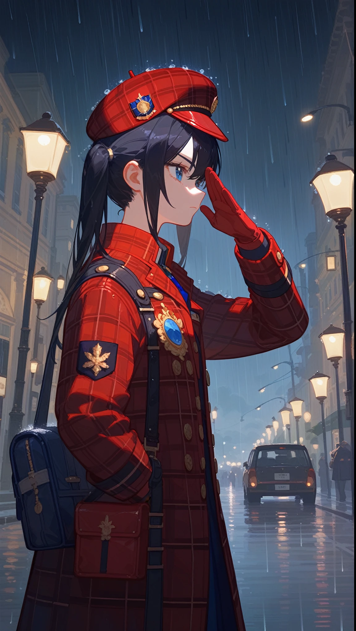 ung girl,Black twin ponytails,Blue Eyes,Crimson beret,Dark red plaid trench coat,Gold-plated sapphire brooch,salute,Gloves,Black Silk,European style architectural background,rain,dark clouds,Beautiful light and shadow,Street Lights,((Black hair)),Stand up straight,serious,Profile