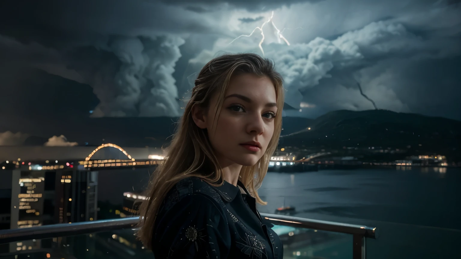A professional photograph of Aerith Gainsborough in Santorini, Greece.
She is posing on the rooftop of a house adhering to the typical white and blue palette colors of this area.
The view from the rooftop showcases a turbulent sea at midnight, during a thunderstorm.
The photo is taken with an analog camera, giving a cinematic vibe to the image., <lora:Aerith Gainsborough:1.0>