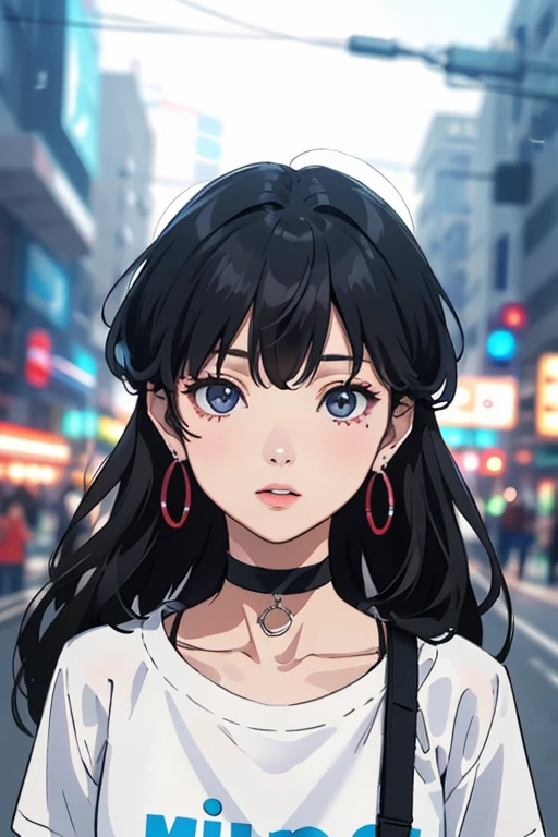 "(Better Quality, first work:1.2) | Detailed Eyes:1.2 1 Female (Dynamic English, perspective, Long Hair) choker, shirt, オープンスウェットshirt, ear earrings, finely, first work."