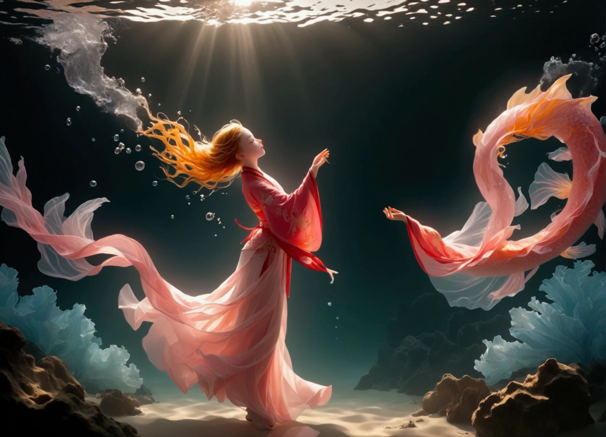 1. , Solitary, Under the Deep Sea, walking underwater;Wearing pink Chinese clothing,Fairy the same,underwater dance;dancer;Golden water,金色的bubble; Deep Shadows, Extraordinary details, bubble, spark, Sun streaks, seabed, bright, whole body, swirl, Golden Light, Embed:Average runoff, masterpiece, high quality, 4K,More white space。