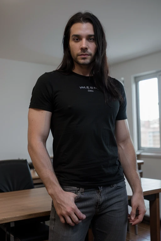 Handsome white muscular body slender man,  he is 40 years old, he has gray eyes, unshaved stubble, goth long black hair, gray eyes, black shirt and black jeans,  deep eyes