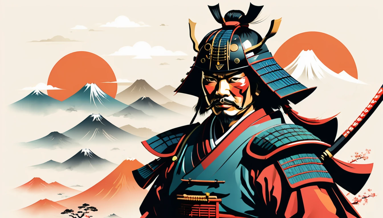 ((samurai)) design artwork, flat design of a retro vintage, simple colors, highly detailed clean, vector image, perfect composition, isolated on white background