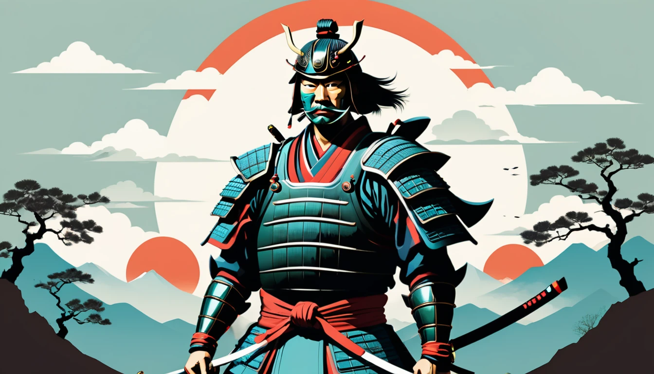 ((samurai)) design artwork, flat design of a retro vintage, simple colors, highly detailed clean, vector image, perfect composition, isolated on white background 