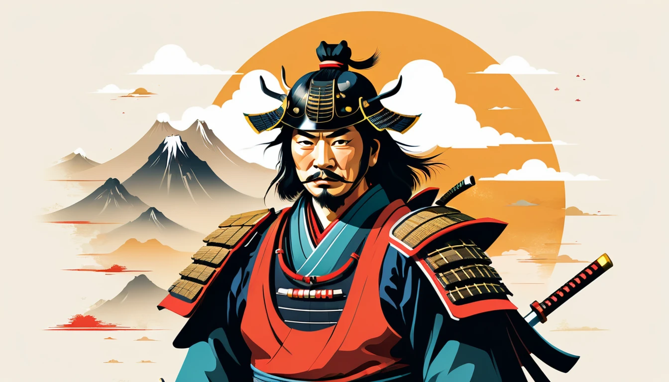 ((samurai)) design artwork, flat design of a retro vintage, simple colors, highly detailed clean, vector image, perfect composition, isolated on white background