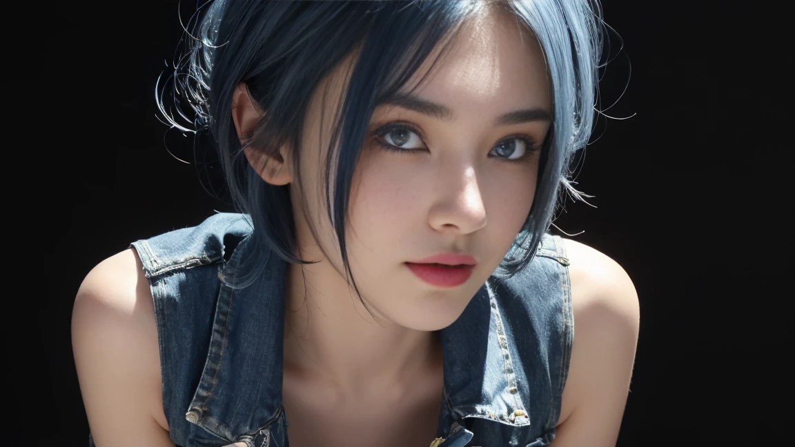8K, Top Quality, Intricate Details, Ultra Detail, Ultra High Resolution, Masterpiece, close up shot, (full body: 1.1), Slender, Smile, (Makeup: 0.4), ,(( blue hair, bangs, short hair, blue eyes, )), (Fluffy  Eyes: 1.21), (()), 1girl, solo, 1 girl, (()), close up shot, , ((tall)), (((fit body))), (((slim face))), sharp face, (( denim mini vest,((, open mini vest)) ,,denim fit short  ))  ,(detailed face), sharp face, small lips, , ,((,,)) ,, ,
 ((,no bra, braless )), , ((wind blow, strong wind, wind blow hair )), detailed face, detailed breast, large breast ,huge breast,  detail nipples ,, Narrow Waist, Skinny, tall , 190 cm tall, Muscular, Navel, Exposed Abdomen, Pointed Chest,, Beautiful girl with accentuated slender abs: 1.4, Six Pack Abs: 1.4, , Perfect Body, detail legs, (( dark background)), black background,