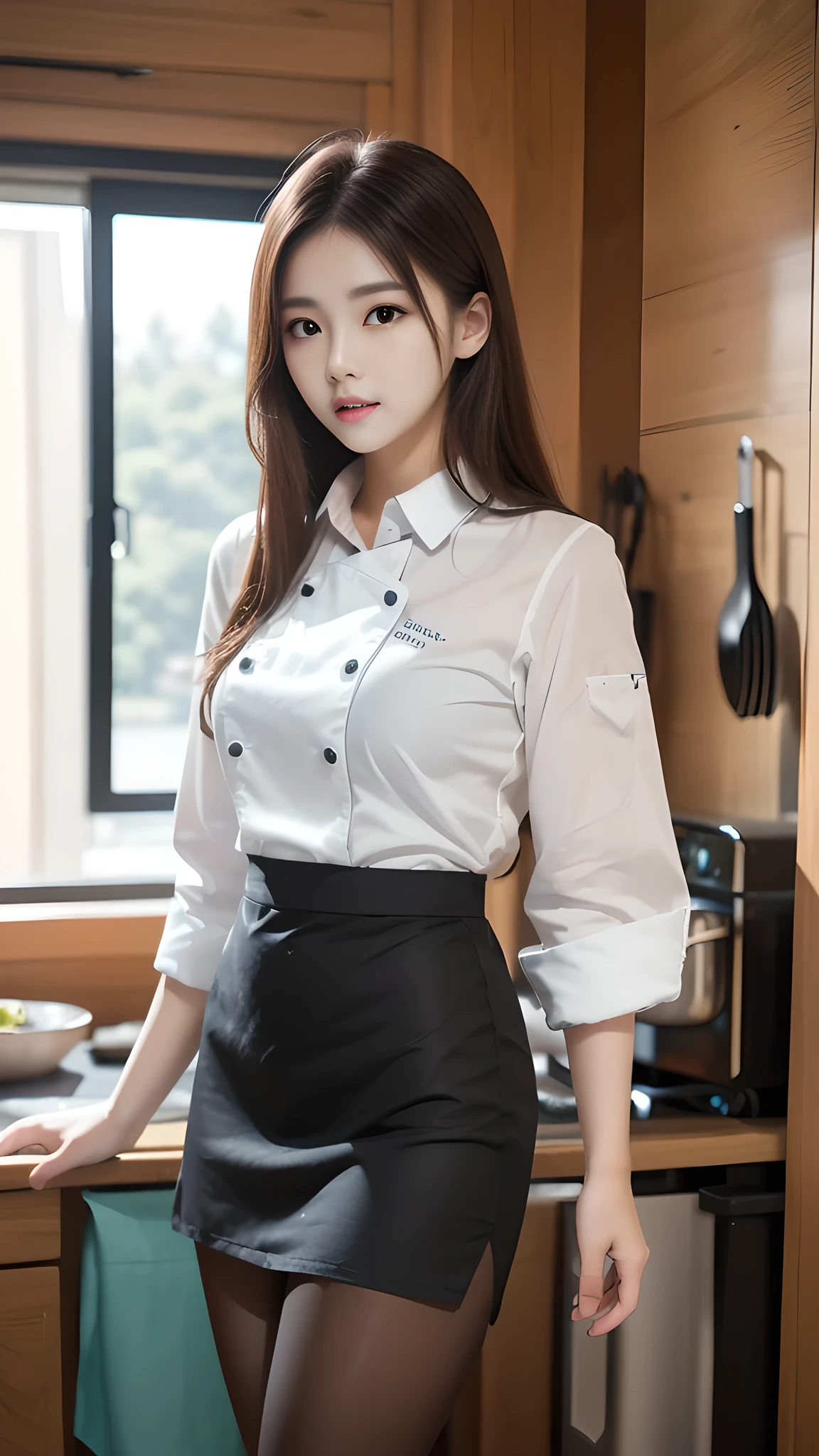 ulzzang-4500-v1.1, (RAW Photos:1.2), (Photorealistic), (Genuine:1.4), 1girl、Perfect Anatomy、20 years old、Looking at the camera、Medium Long Hair、uniform、skirt, (( cooking in the kichen room:1.3))、(Ultra-realistic pantyhose:1.2), (Business services)、Asian Eyes Ella,