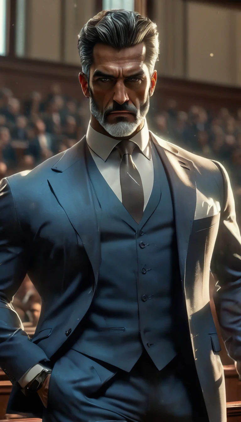 a professional lawyer, intricate details, highly intelligent facial expression, mature and confident, wearing a formal suit, standing in a courtroom, dramatic lighting, cinematic composition, muted color palette, photorealistic, 8k, high quality, detailed rendering