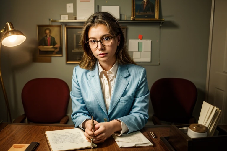 (Masterpiece 1.2, Highest quality:1.3, 8k:1.2), law office, Small and cozy room, Lawyer sitting in chair, suit, Glasses, A lot of files on the desk