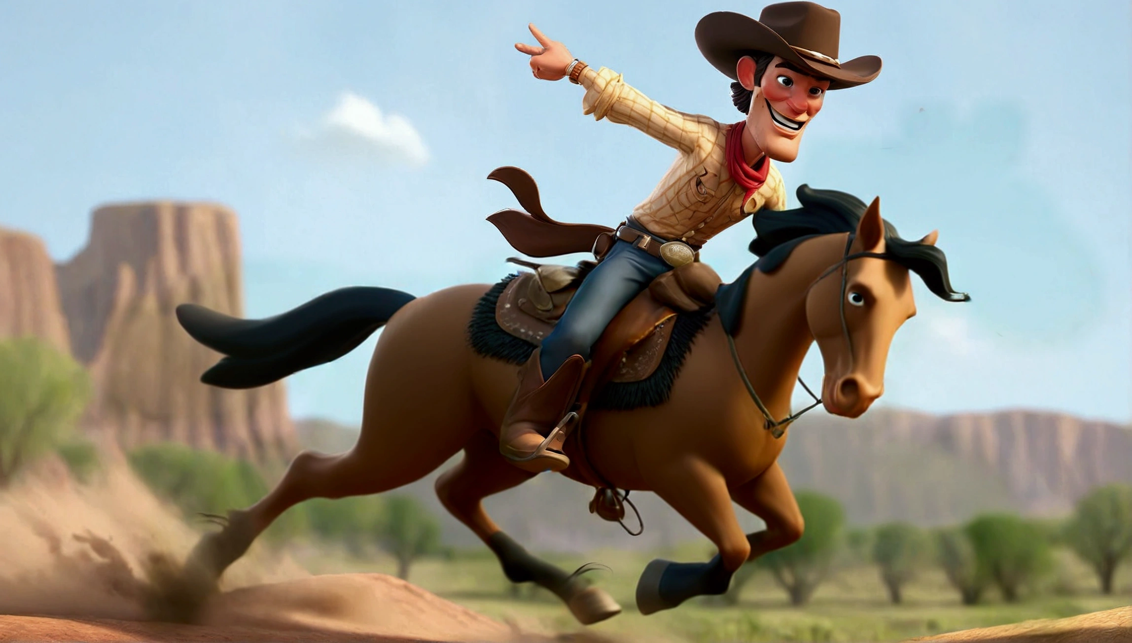 3D cartoon A cowboy riding a horse. The cowboy must be wearing typical old west clothes, including hat, booties, jeans and a plaid shirt. He must be holding a bottle of Jack Daniel's in one hand, as if celebrating or encouraging during the race. exaggerated facial expressions, 3D cartoon style features, such as enthusiasm or determination. Full body horse, running quickly, Bottle of Jack Daniel's in hand