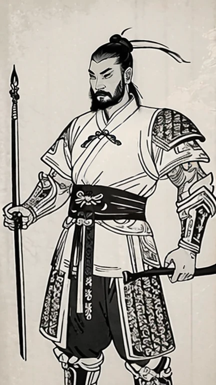 (((Monochrome)))、(((Ink Painting)))、(((A handsome man in ancient China with a topknot)))、(((Hands on hips)))、Line art、Oriental、Ultra-high resolution、Game Poster、Crisp and beautiful image quality、whole body ,(Ancient Chinese armor, Dragon head on shoulder, (Ancient Chinese armor with intricate pattern:1.2), gloves, Long trousers, (Very detailed, bloom:1.5), (Highest quality, Concept Art, 4K), (analog:1.2), (high sharpness), (Detailed pupil:1.1), Detailed face and eyes, masterpiece, Highest quality,8k,  (Black Hair, Dynamic Short Hair), (PurerosFace_v1:0.2), [:(Detailed face:1.2):0.2], sharp, Realistic Shadows, With a weapon in his hand、