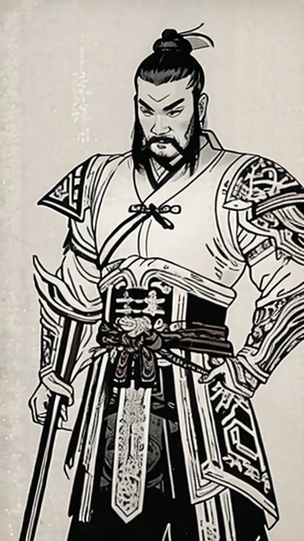 (((Monochrome)))、(((Ink Painting)))、(((A handsome man in ancient China with a topknot)))、(((Hands on hips)))、Line art、Oriental、Ultra-high resolution、Game Poster、Crisp and beautiful image quality、whole body ,(Ancient Chinese armor, Dragon head on shoulder, (Ancient Chinese armor with intricate pattern:1.2), gloves, Long trousers, (Very detailed, bloom:1.5), (Highest quality, Concept Art, 4K), (analog:1.2), (high sharpness), (Detailed pupil:1.1), Detailed face and eyes, masterpiece, Highest quality,8k,  (Black Hair, Dynamic Short Hair), (PurerosFace_v1:0.2), [:(Detailed face:1.2):0.2], sharp, Realistic Shadows, With a weapon in his hand、