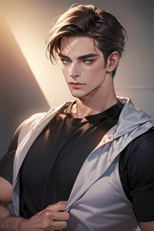 (Best quality,4K,8K,a high resolution,masterpiece:1.2),ultra detailed,(realistic,photorealistic,photo-realistic:1.37),39 year old man,Beautiful anime,portraits,strong,masculine,dark hair,Sharp jawline,Mesmerizing eyes,Perfectly styled hair,confident expression,bright colors,dynamic lighting,Brown eyes,(Black T-shirt),(dark skin),((mature man, man 40 years old)), (square jaw)