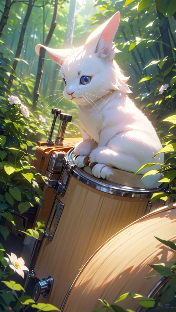 a white rabbit with its front paws on a drum set, beautiful detailed eyes, extremely detailed face, long ears, cute expression, (best quality,8k,photo-realistic:1.37),hyperrealistic,studio lighting,highly detailed,intricate details,soft lighting,warm color palette,vibrant colors,nature background,forest,flowers,elegant,whimsical