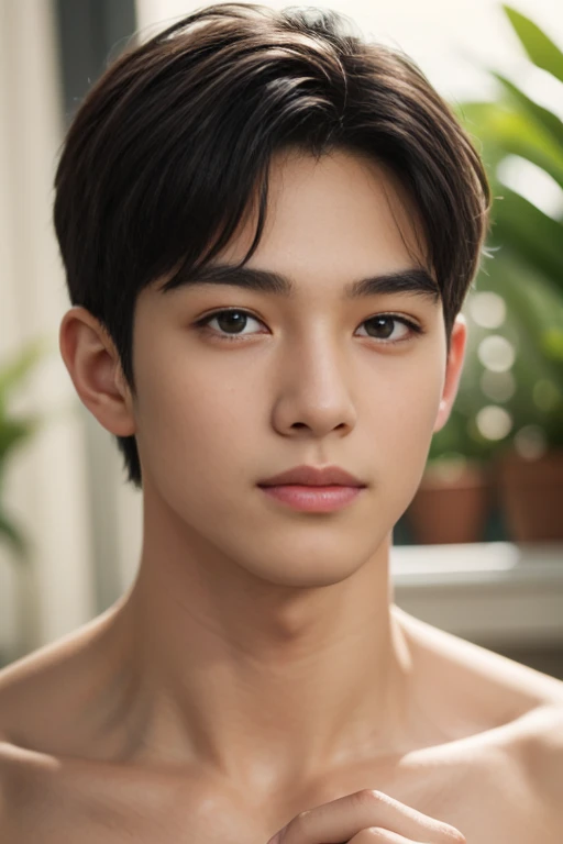 Masterpiece, best quality, realistic、charming man、Portrait of a handsome young man、1 person,Whole body focus, blue eyes、Beautifully detailed eyes、sparkling eyes、flawless face、perfect eyes,perfect lips、Beautiful, flawless skin、Beautiful nose、Beautiful mouth、short haircut, Soft, shaky blonde hair., brown, short hair , flower in hand , in the flower greenhouse, portrait photography、Professional artwork、фотоrealistic、luxurious face、Flawless anatomy、shirtless. naked body,naked,A large penis for his age,Ideal male body、Model poses ! Ultra realistic painting、The beauty of a wonderful man !full body shot