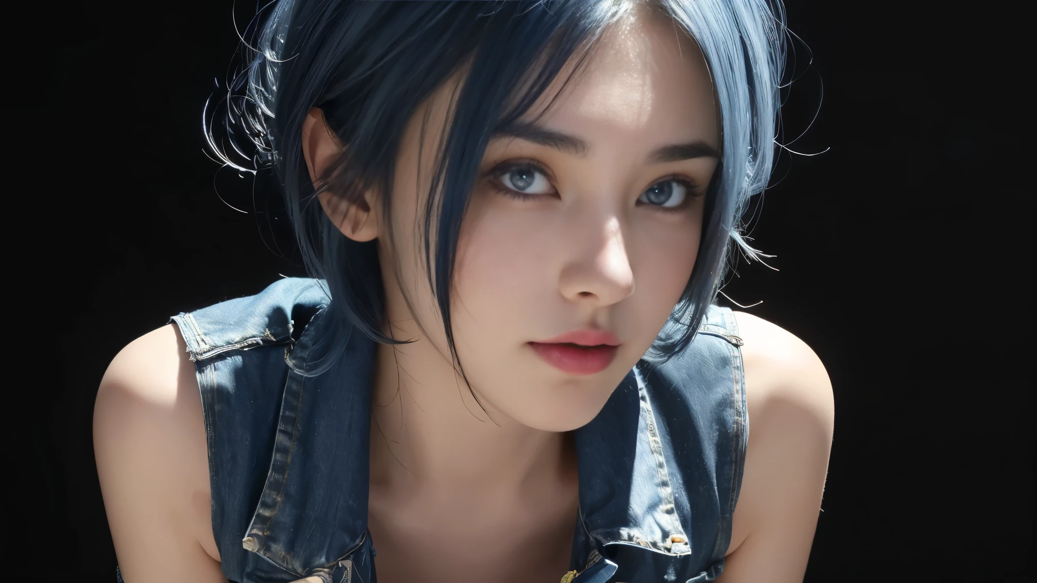 8K, Top Quality, Intricate Details, Ultra Detail, Ultra High Resolution, Masterpiece, close up shot, (full body: 1.1), Slender, Smile, (Makeup: 0.4), ,(( blue hair, bangs, short hair, blue eyes, )), (Fluffy Eyes: 1.21), (()), 1girl, solo, 1 girl, (()), close up shot, , ((tall)), (((fit body))), (((slim face))), sharp face, (( denim mini vest,((, open mini vest)) ,,denim fit short )) ,(detailed face), sharp face, small lips, , ,((,,)) ,, ,
((,no bra, braless )), , ((wind blow, strong wind, wind blow hair )), detailed face, detailed breast, large breast ,huge breast, detail nipples ,, Narrow Waist, Skinny, tall , 190 cm tall, Muscular, Navel, Exposed Abdomen, Pointed Chest,, Beautiful girl with accentuated slender abs: 1.4, Six Pack Abs: 1.4, , Perfect Body, detail legs, (( dark background)), black background,