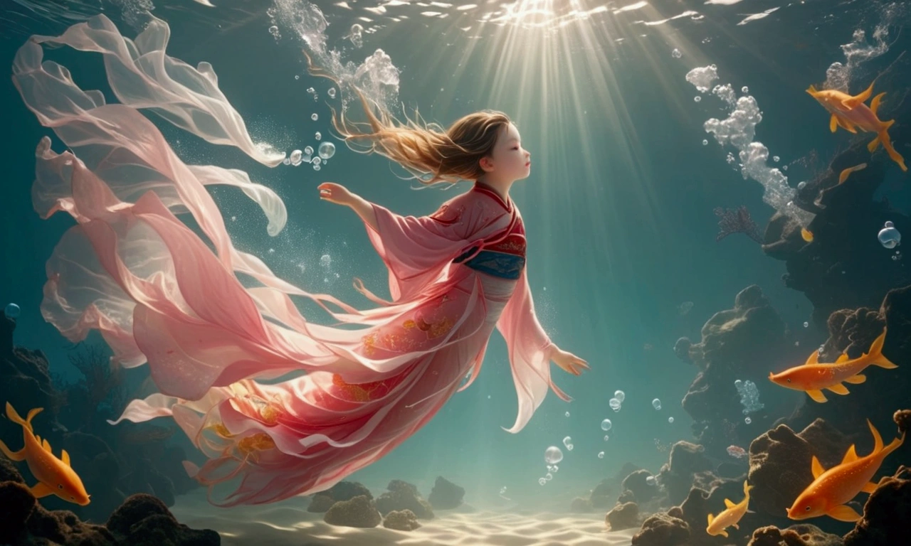 1. Little Girl, Solitary, Under the Deep Sea, walking underwater；Wearing pink Chinese clothing，Fairy the same，underwater dance，Step by step；dancer；Golden water，金色的bubble； Deep Shadows, Extraordinary details, bubble, spark, Sun streaks, seabed, bright, whole body, swirl, Golden Light, Embed:Average runoff, masterpiece, high quality, 4K，More white space。