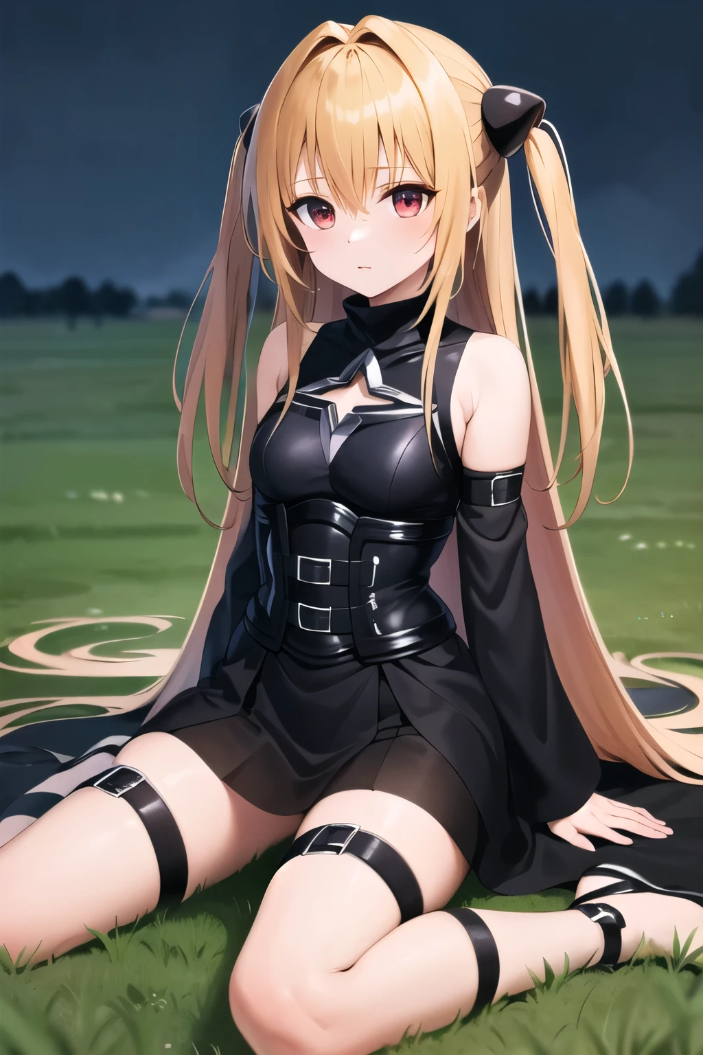 masterpiece, Best Quality, High resolution, aayami, very long hair, two sides up, hair ornament, bare shoulders, black dress, clothing trimming, separate sleeves, belt, thigh strap, wariza, grass. field, evening