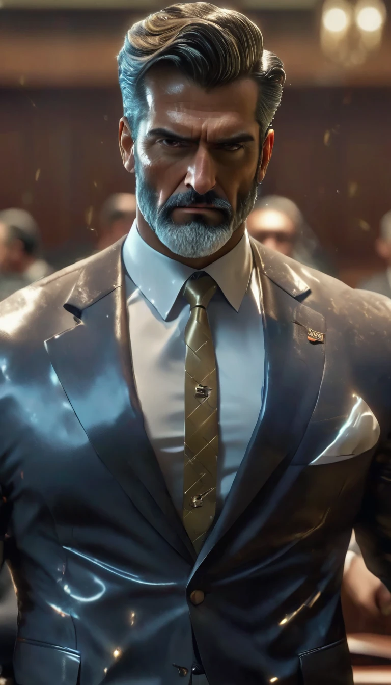 plano general, cuerpo entero:1.5, a professional lawyer, intricate details, highly intelligent facial expression, mature and confident, wearing a formal suit, standing in a courtroom, dramatic lighting, cinematic composition, muted color palette, photorealistic, 8k, high quality, detailed rendering