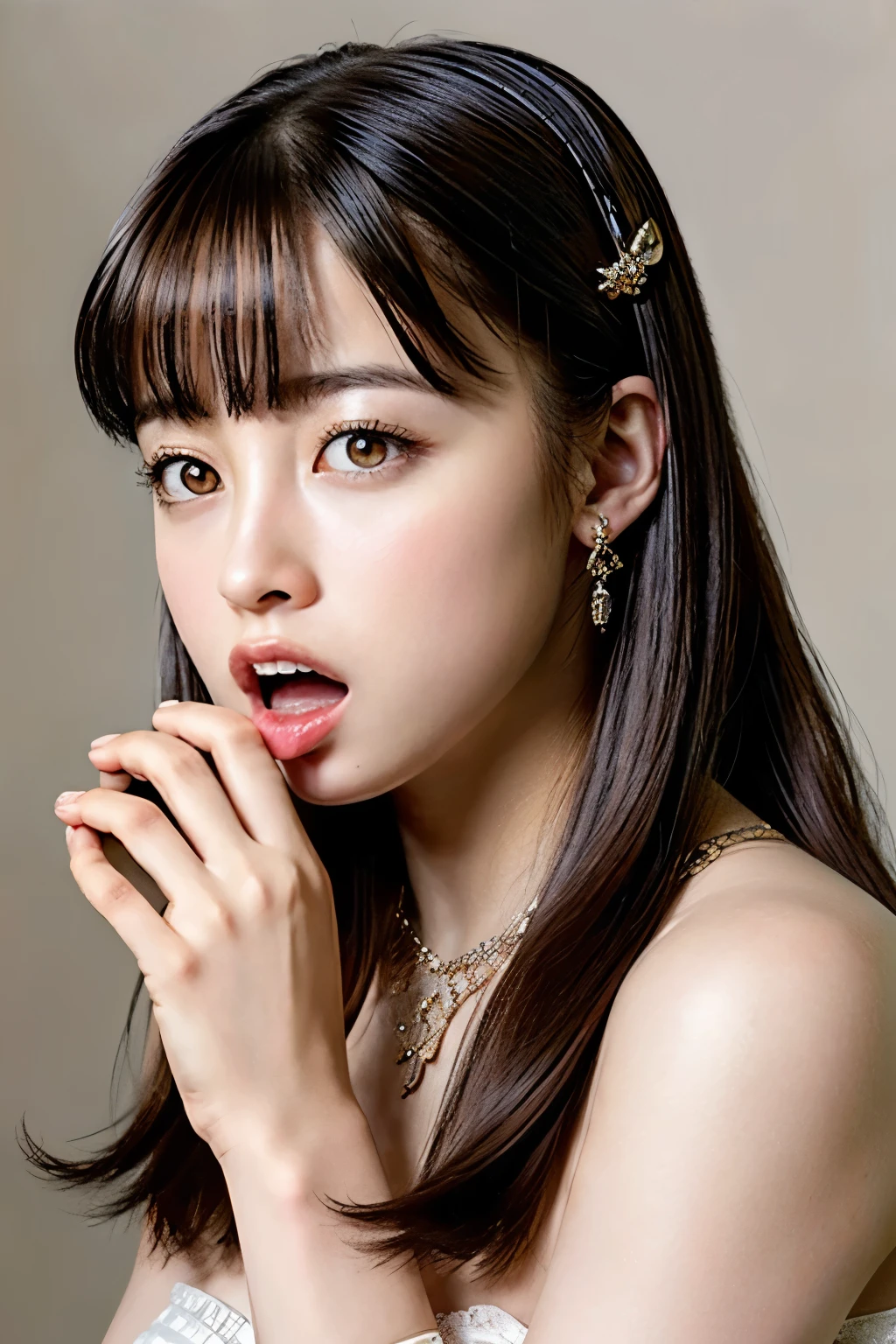 (realistic, photo-realistic:1.4), (best quality, masterpiece:1.2), RAW photo, high resolution, intricate details, extremely detailed, insanely detailed, incredibly detailed, realistic and sharp details, (portrait, frontal photography), looking at the camera, solo, 1girl, Kanna Hashimoto, a Japanese female idol, (fellatio gesture, oral invitation, hand to mouth, half open mouth:1.5), (sheer lingerie,strapless, sleeveless,bare shoulders), necklace, earrings, jewelry, detailed face, beautiful detailed eyes, beautiful pupils, pale skin, photo background, indoors, high-class hotel,