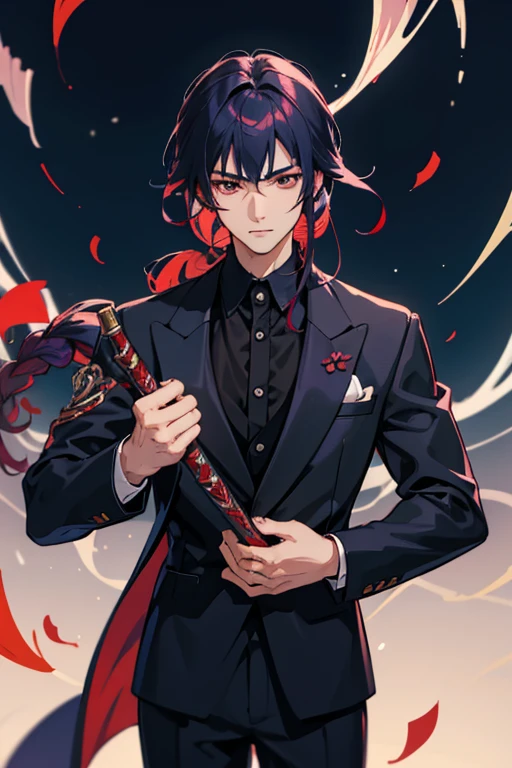 A calm, handsome, and stately anime boy with sharp eyes, red eyes, and long indigo hair in a formal suit